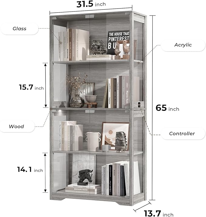 BROTTAR Display Cabinet with Glass Doors, 4-Tier Curio Cabinet with 3 Color