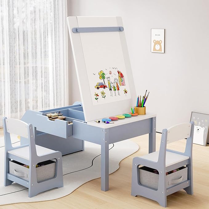 5-in-1 Kids Art Table and Chairs, Wood Toddler Table and Chair Set