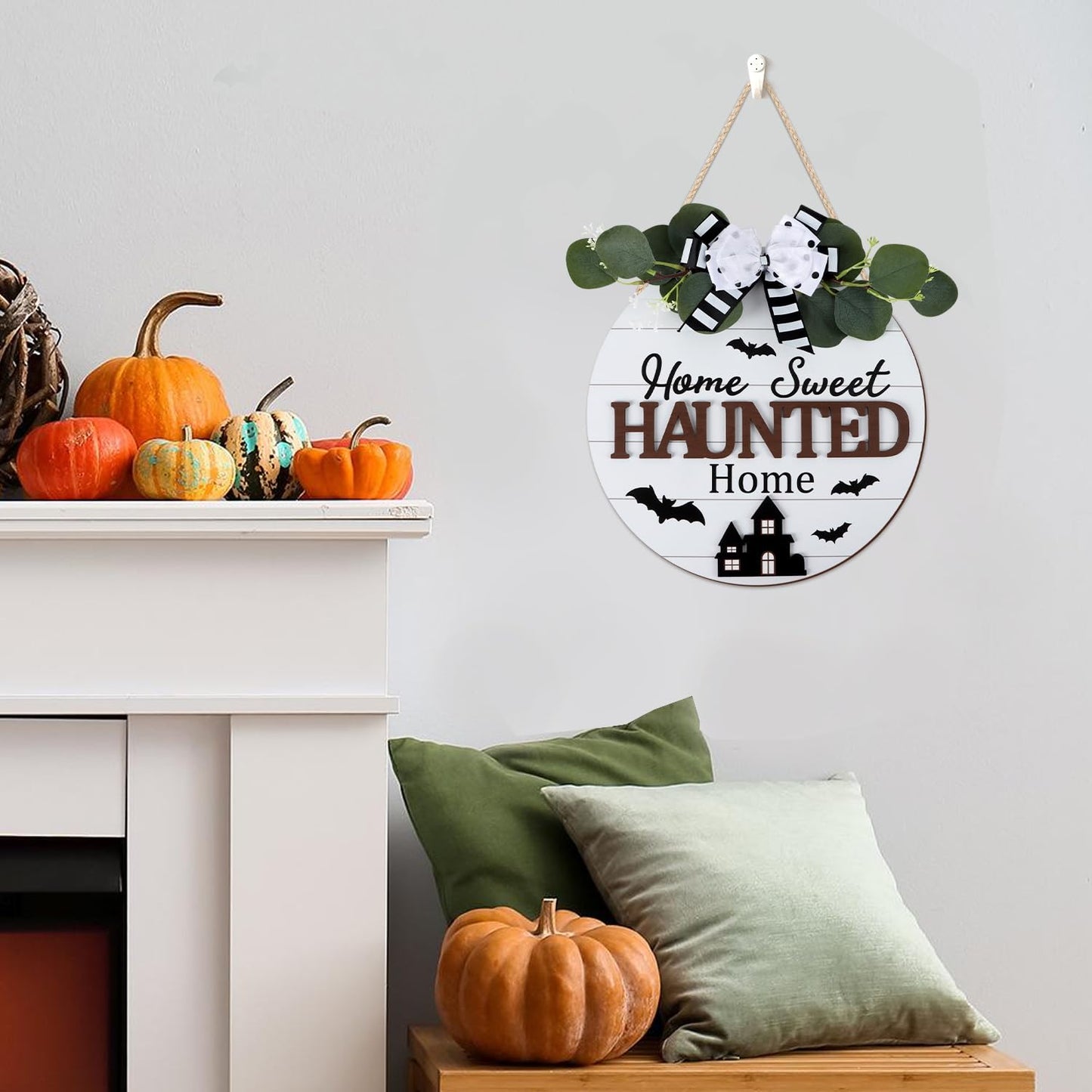 HOURIA Happy Halloween Wreaths Wooden Sign (11.4”x11.4”),3D Home Sweet Haunted Home Door Sign,Rustic Halloween Themed Castle Bat Wall Hanging Sign for Front Door Party Farmhouse Office