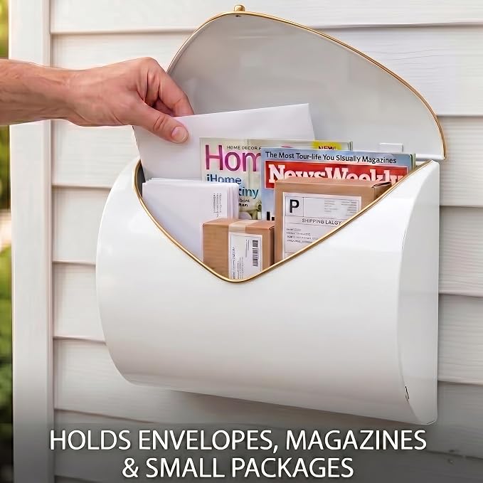 White Wall Mount Mailbox for Outside,Waterproof Metal Mailboxes with Rust-Proof Galvanized Steel,Large Capacity Envelope Mailbox for House,12.99 x 10.35 x 3.5 Inch