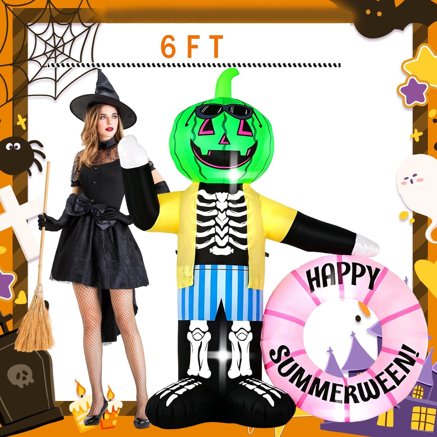 InfleasJoiy 6FT Watermelon Zombie Holding Flower Wreath, Summer Halloween Outdoor Inflatable Decoration with Built-in LED Lights. Suitable for Indoor, Outdoor, and Lawn Parties.
