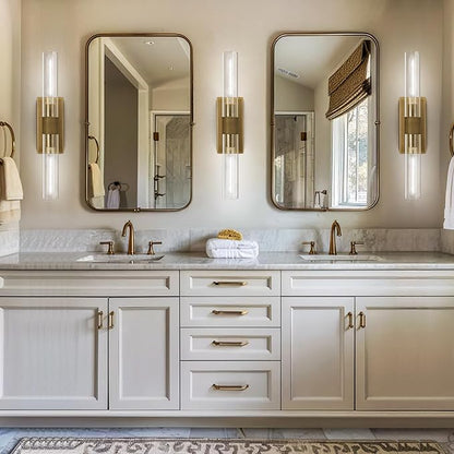 Brass and Glass Wall Sconces, 22.8" Vanity Lights for Bathroom 2 Lights, Horizontal or Vertical Linear Gold Wall Lamp, Indoor Sconces Wall Lighting, Tube Sconce for Living Room, Hallway