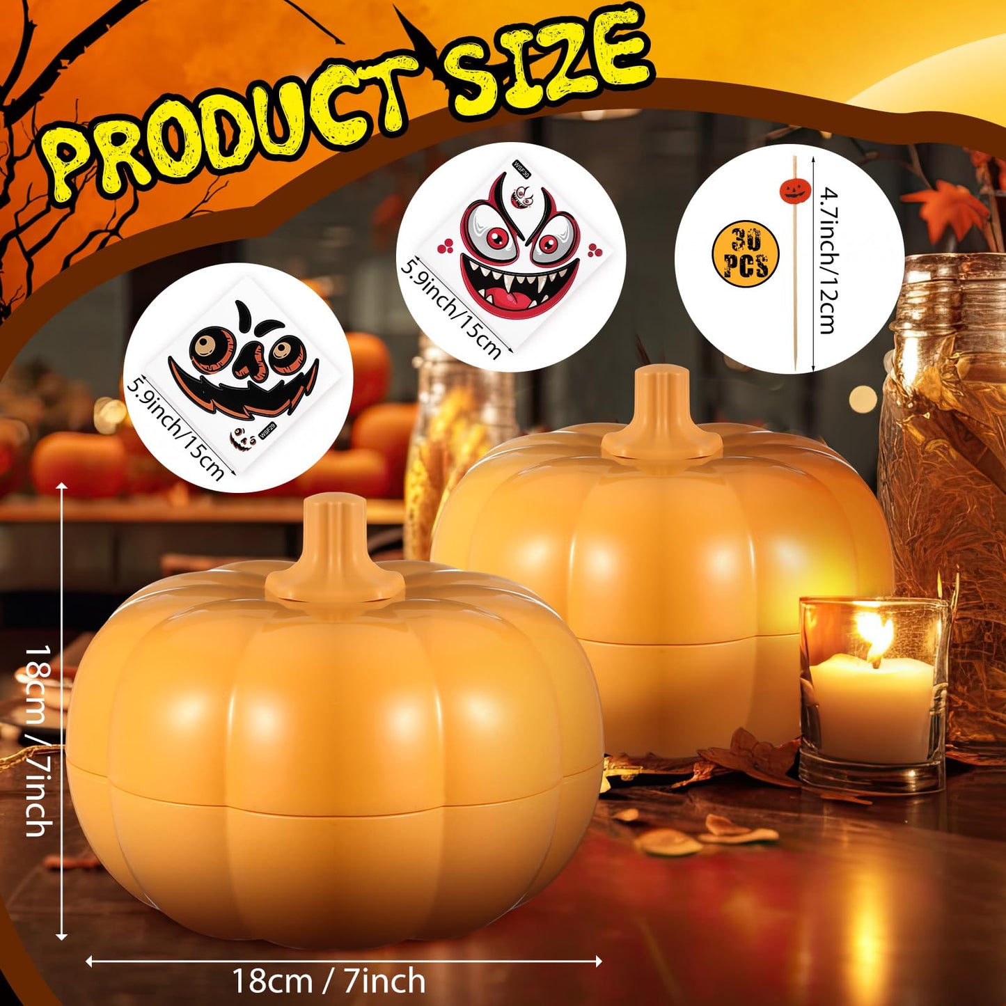 Potchen 2 Set 2 Tier Thanksgiving Fall Pumpkin Snack Bowl Stackable Snack Tray with Lid Stickers Toothpicks Pumpkin Serving Dishes Candy Box Fruit Container for Thanksgiving Party Decoration Xmas Gift