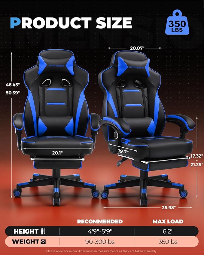 GTPLAYER Gaming Chair with Footrest, Big and Tall Game Chair 350lb Racing Style
