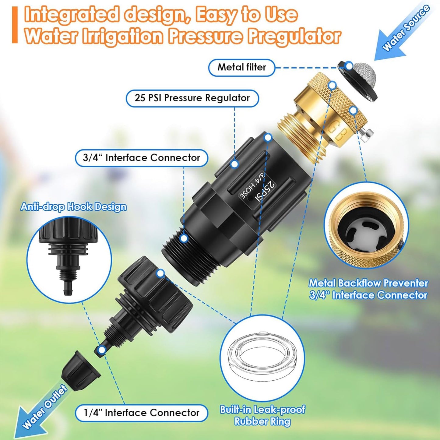 Gulfmew Drip Irrigation Faucet Adapter 25 PSI, 1/4" Tubing Quick Connect to 3/4" Garden Hose with Backflow Preventer, Filter, Tape, Pressure Regulator, Copper Drip Irrigation System Fittings (8 Pack)