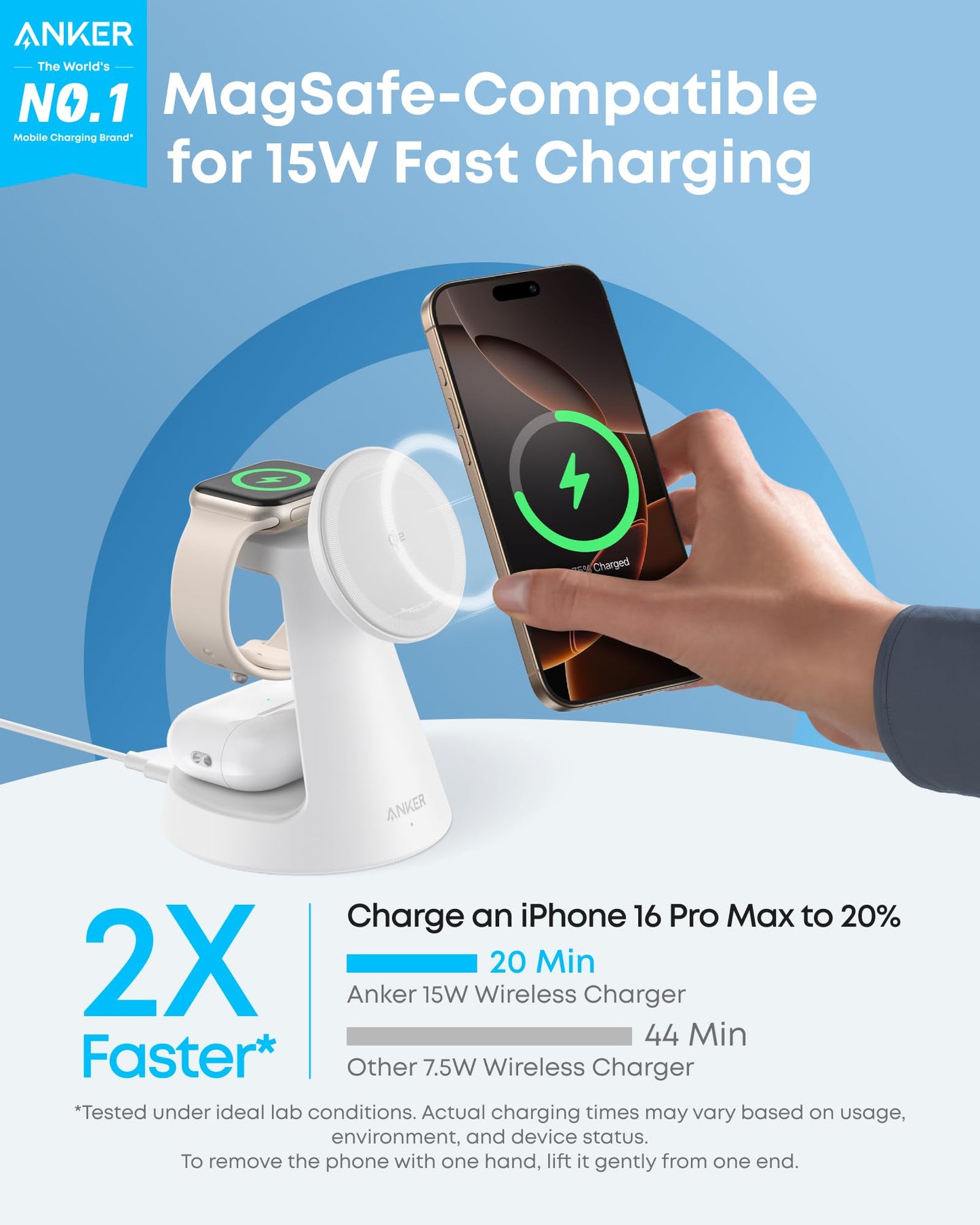Anker MagSafe Charger Compatible, MagGo 3-in-1 Charging Station, Nano Charging Stand, Qi2 Certified 15W Magnetic Wireless Charger Dock, for iPhone17/16/15/14, Apple Watch,AirPods (Adapter Included)