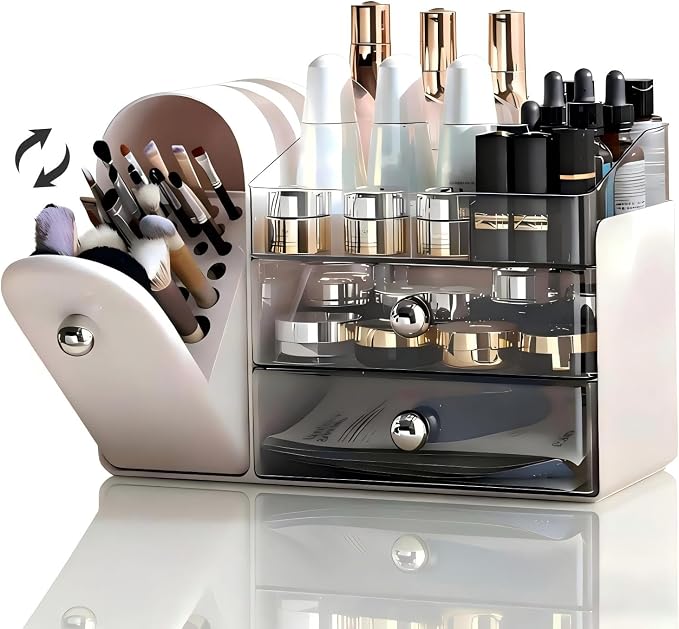 Makeup Organizer for Vanity with Covered Brush Holder，Bathroom Organizers with Drawer，Skin Care Organizer，Makeup Organizers for Vanity with Drawer，Large Makeup Storage for Dresser, White