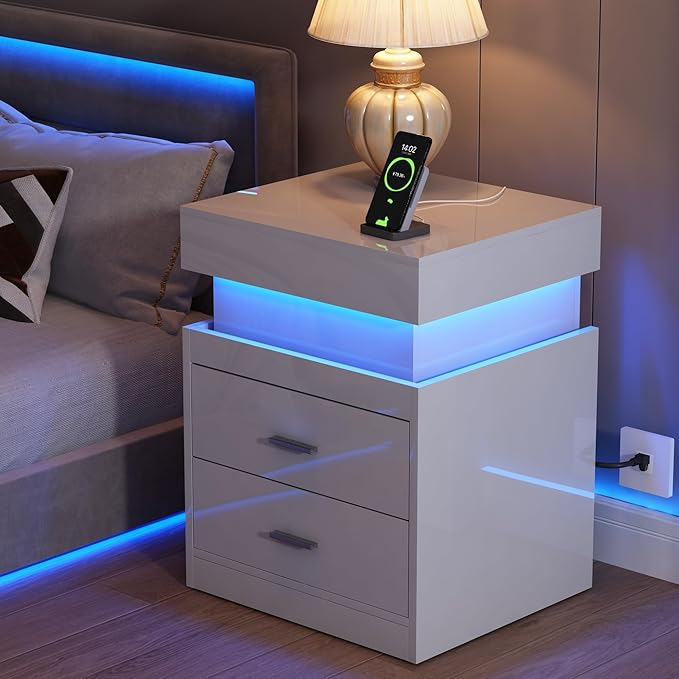 ChooChoo LED Nightstand with Charging Station, Smart Night Stand with Sliding