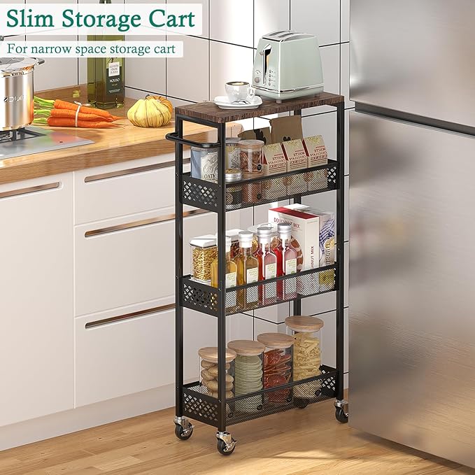 XYZLVSI Slim Storage Cart 4 Tier Narrow Kitchen Rolling Cart on Wheels
