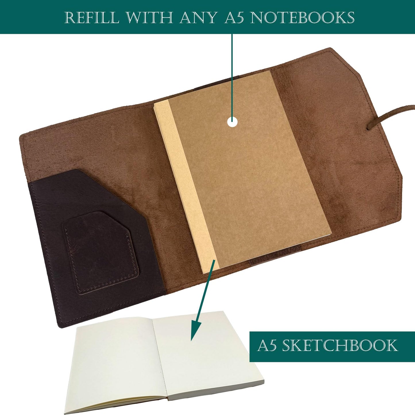 CooLeathor Refillable Leather Journal Writing Notebook - Handmade Leather Journal for Men, A5 Diary Cover Refillable Sketchbook to Drawing, Large 6"x8", Dark Brown