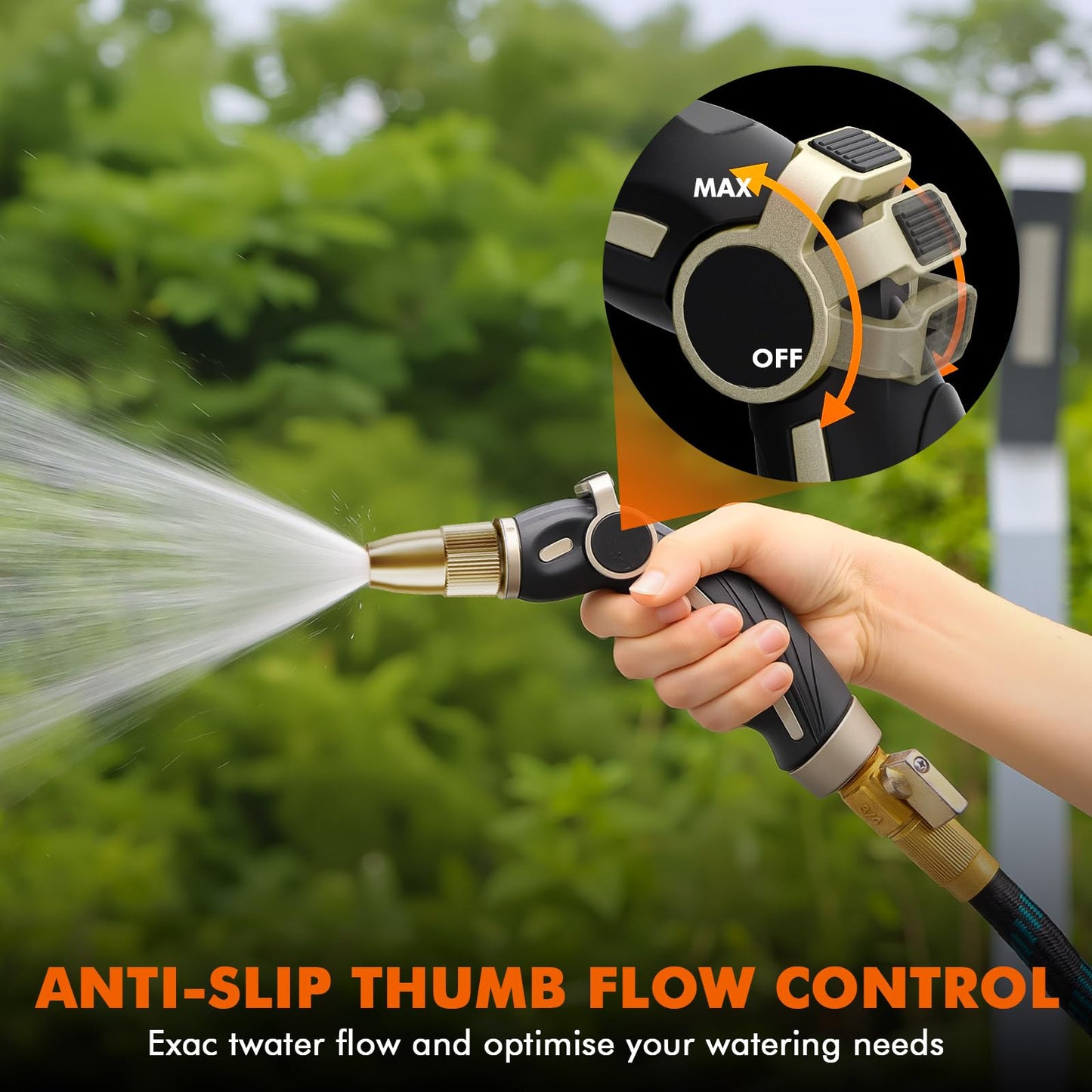 RESTMO High Pressure Hose Nozzle Sprayer, Heavy Duty Brass Head, Metal Water Hose Nozzle for Car Washing, Garden Cleaning, Lawn and Plant Watering, Adjustable Thumb Flow Control, 4 Spray Patterns