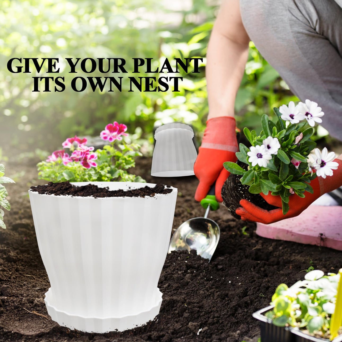 KAHEAUM Flower Pots Outdoor Clearance 6 inch Set of 5 Succulent Planters for Indoor Plants Garden Home Holiday, Plastic Nursery Pots for Plants with Drainage Holes and Saucer, Modern Plant Pot White