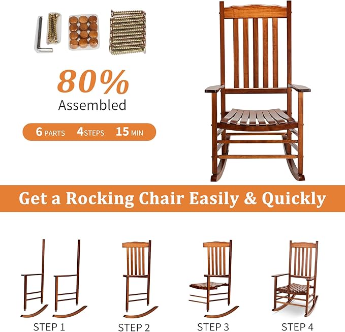 Outvita Outdoor Rocking Chair, Solid Wood High Back Rocker, All Weather Lounge