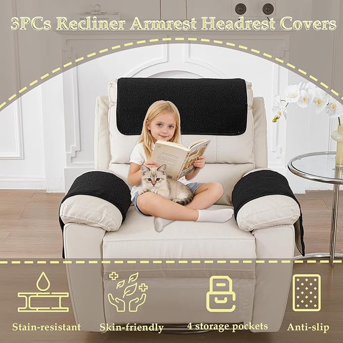 Armrest Covers - Arm Chair Covers Set of 3 Recliner Chair Covers,