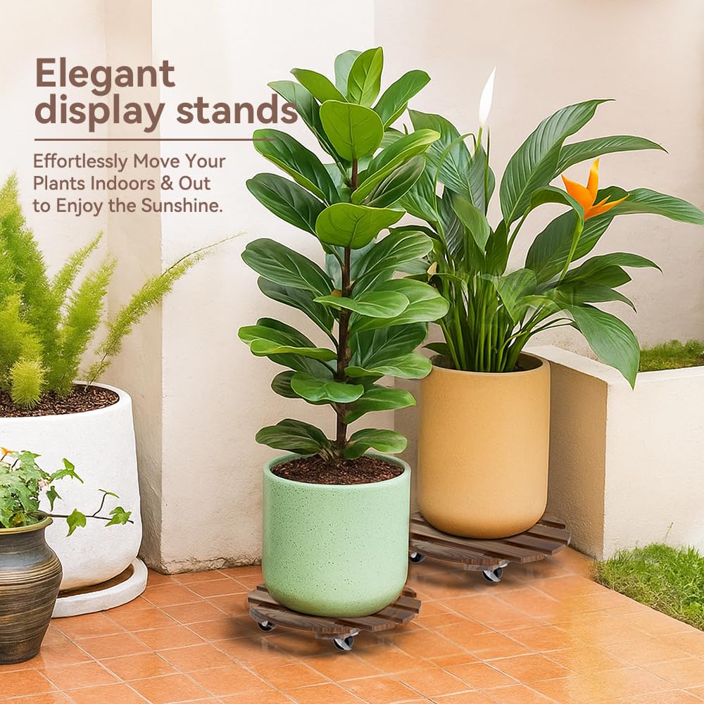 Lissomballon 2 Pack Plant Stand Indoor and Outdoor, 12IN Premium Wooden Plant Caddy with Wheels, Heavy Duty Plant Stands with 360° Lockable Wheels, Classic Plant Cart