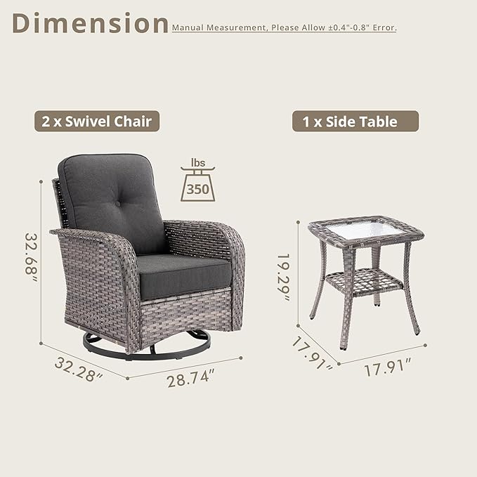Weaxty Outdoor Swivel Rocker Patio Chairs, 3 Pieces Patio Furniture Set