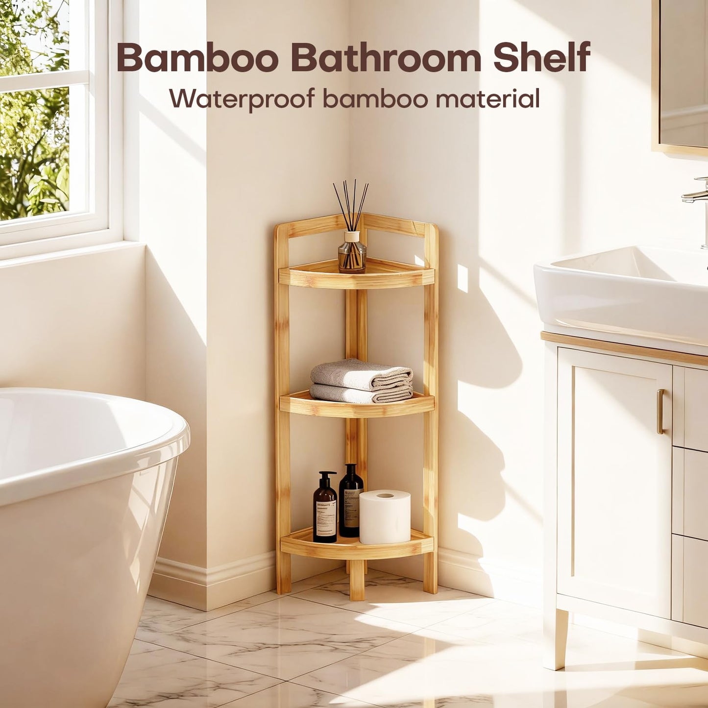 2026 New Bamboo Standing Shelf, 3 Tier Corner Shelf Stand, Free-Standing Shelf Units, Triangular Curved Corner Shelf Stand for Space-Saaving Display Ideal for Bathroom/Kitchen/Living Room Storage