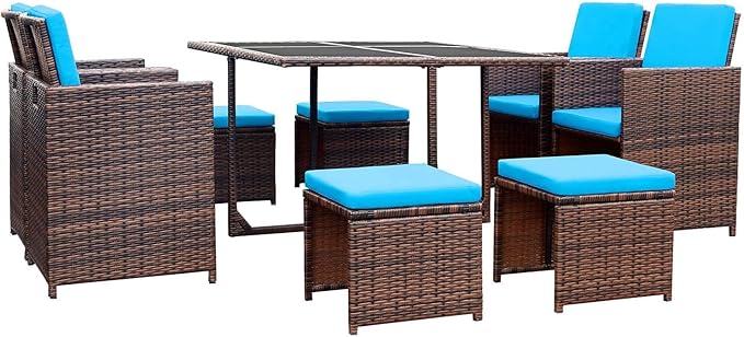 Devoko 9 Pieces Patio Dining Sets Outdoor Space Saving Rattan Chairs