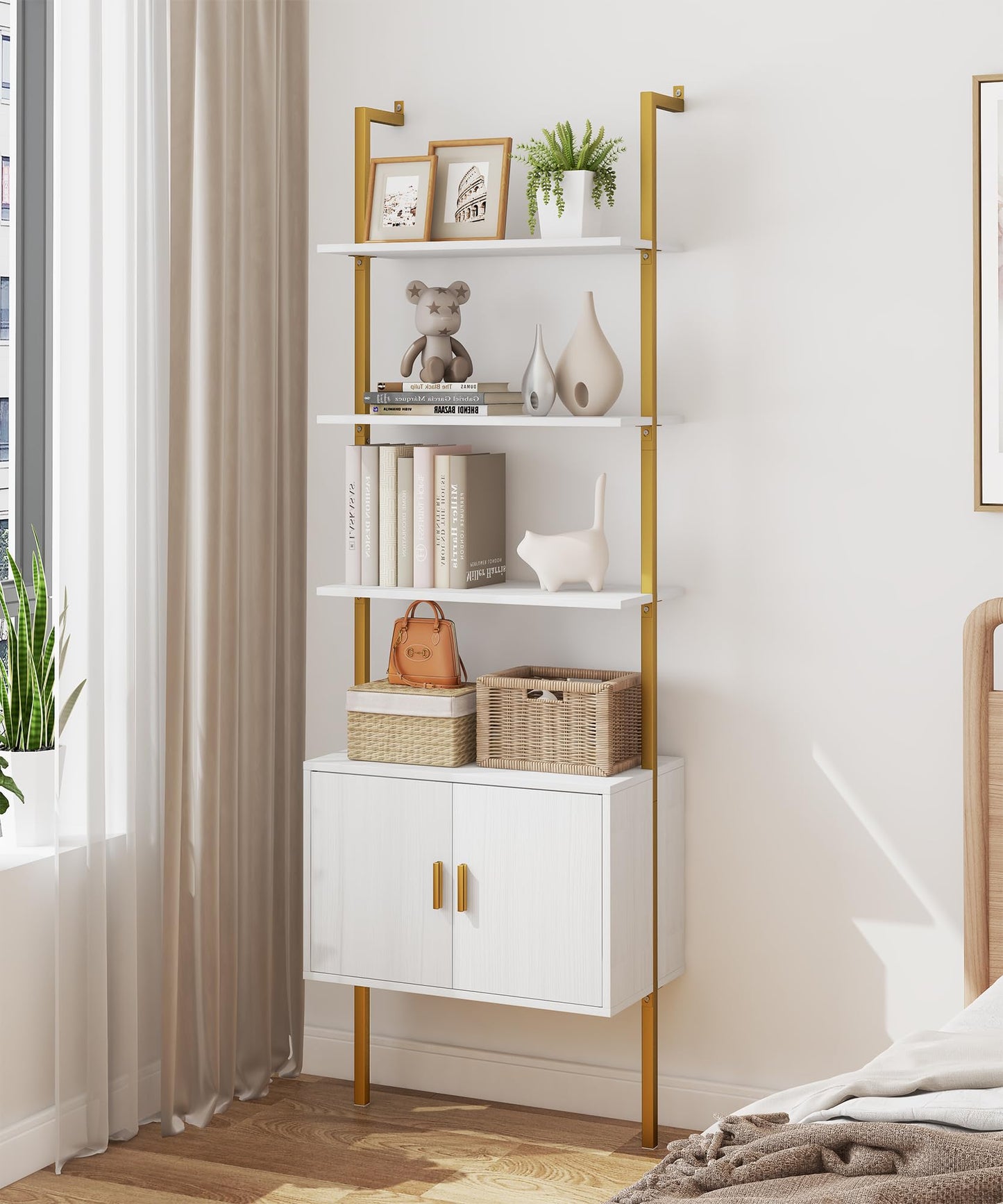 Yusong 73" Tall Bookshelf with Cabinet, Industrial Ladder Wall Mount Shelf Bookcase with Wood and Metal Frame, Plant Shelf Wall Storage Display for Living Room Bedroom, White Gold