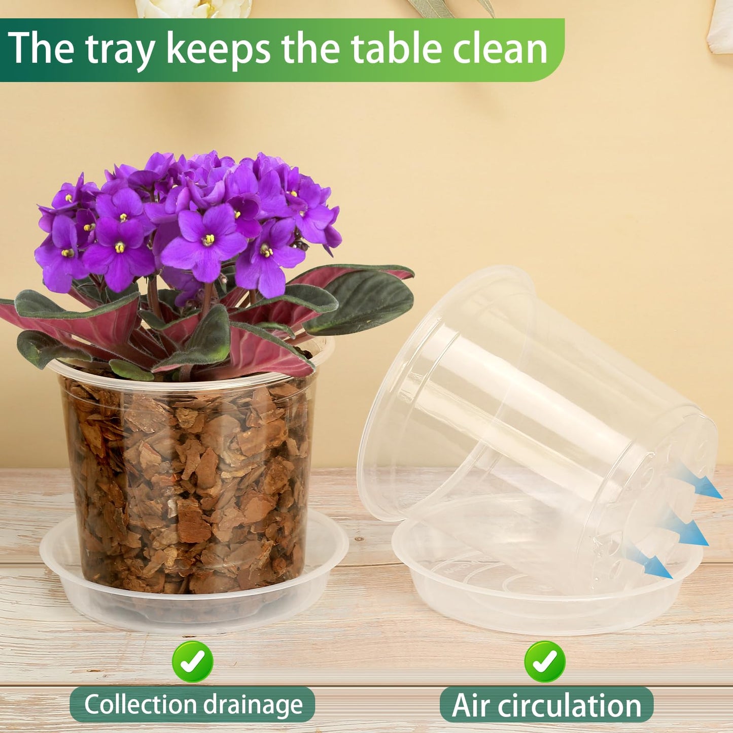 HQAUT 24 Pack 7/6/5 Inch Clear Nursery Pots with Drainage and Saucers, Clear Plastic Plant Pots for Plants, Seed Starting Pots