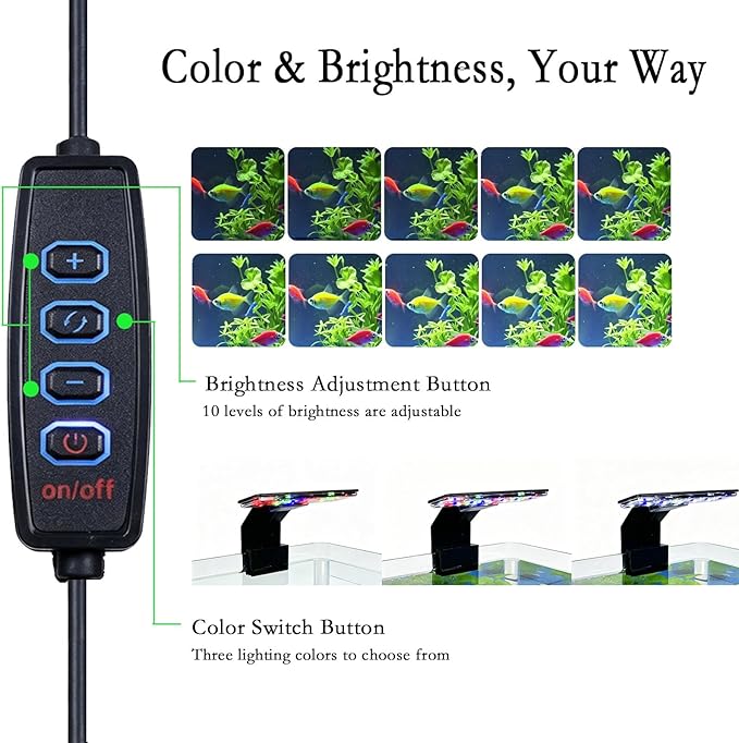 Mini Clip On Aquarium Light 7W Full Spectrum Fish Tank Light with 3 Colors & Dimmable Brightness, USB Moving Small LED Fish Lamp for 1-3 Gallon Tanks