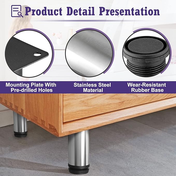 7 Inch Metal Furniture Legs Stainless Steel Adjustable Legs Silver Metal Legs