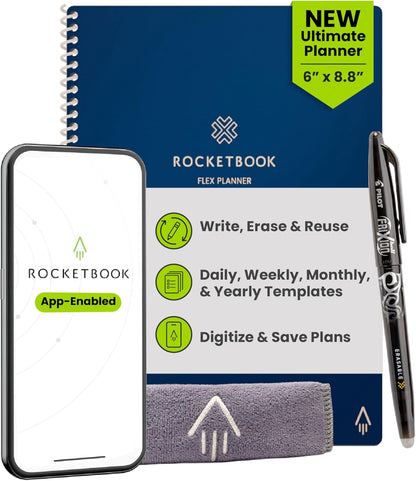 Rocketbook Flex Planner, Reusable Undated Smart, Executive Size 6x8.8 in Navy Blue – Daily, Weekly, Monthly, Annual Calendar, Tasks, Goals, Scheduling, Productivity, App Connected, Erasable, Durable Cover