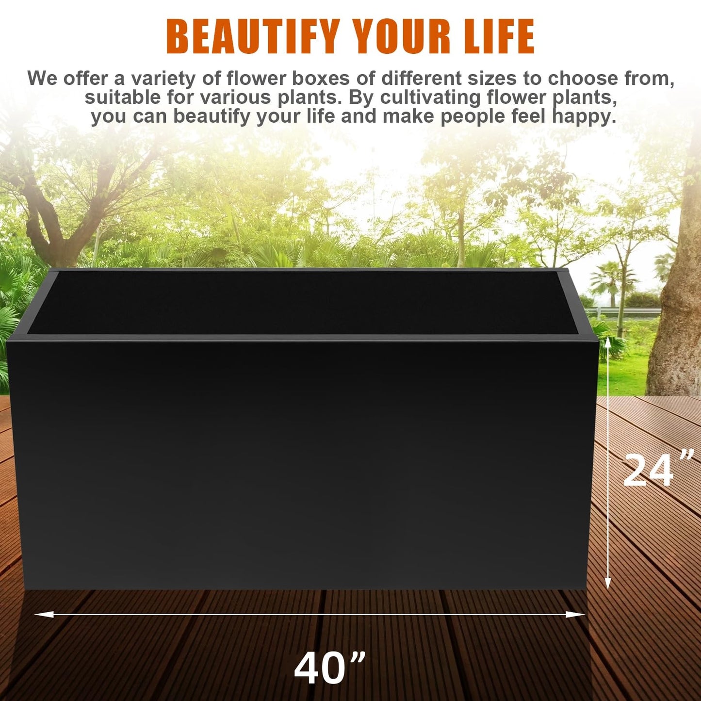 Meyoppm 40"x16"x24" Steel Planter Box, Heavy Duty Galvanized Metal Planter with Drainage Hole, Rust-Resistant Indoor & Outdoor Planter for Patio, Balcony, Garden Black