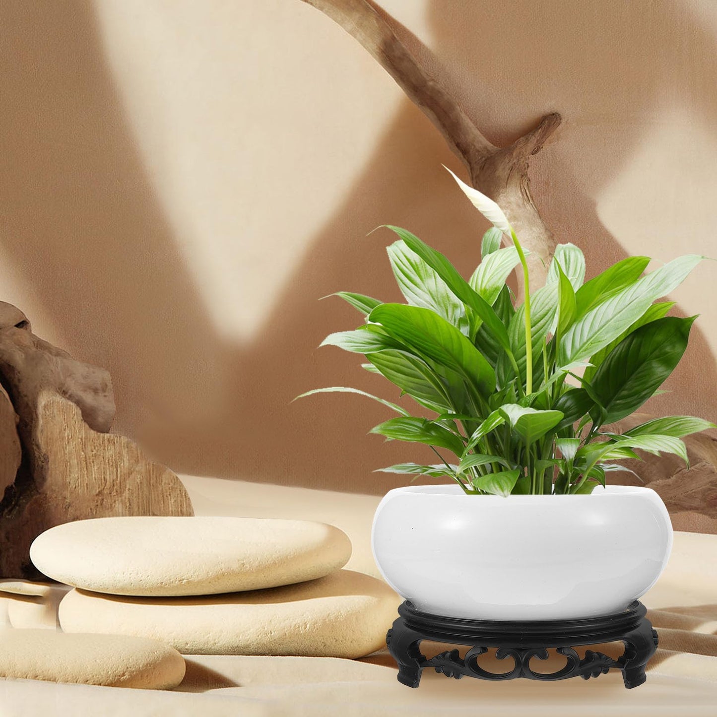 YARNOW Lotus Bowl Planter with Stand - 6.3 Inch White Ceramic Hydroponic Bowl for Water Lily, Daffodil & Bonsai - No Drainage Hole Decorative Indoor Plant Pot for Home Garden Office Zen Decor