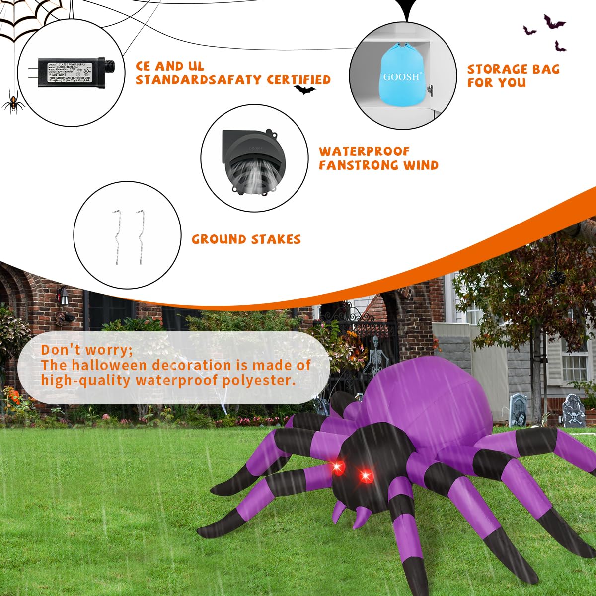GOOSH 6.7 FT Width Halloween Inflatable Spider Outdoor Decoration with Magic Light, Blow Up Yard Inflatables Holiday Inflatables for Outdoor Yard Garden Lawn Decor
