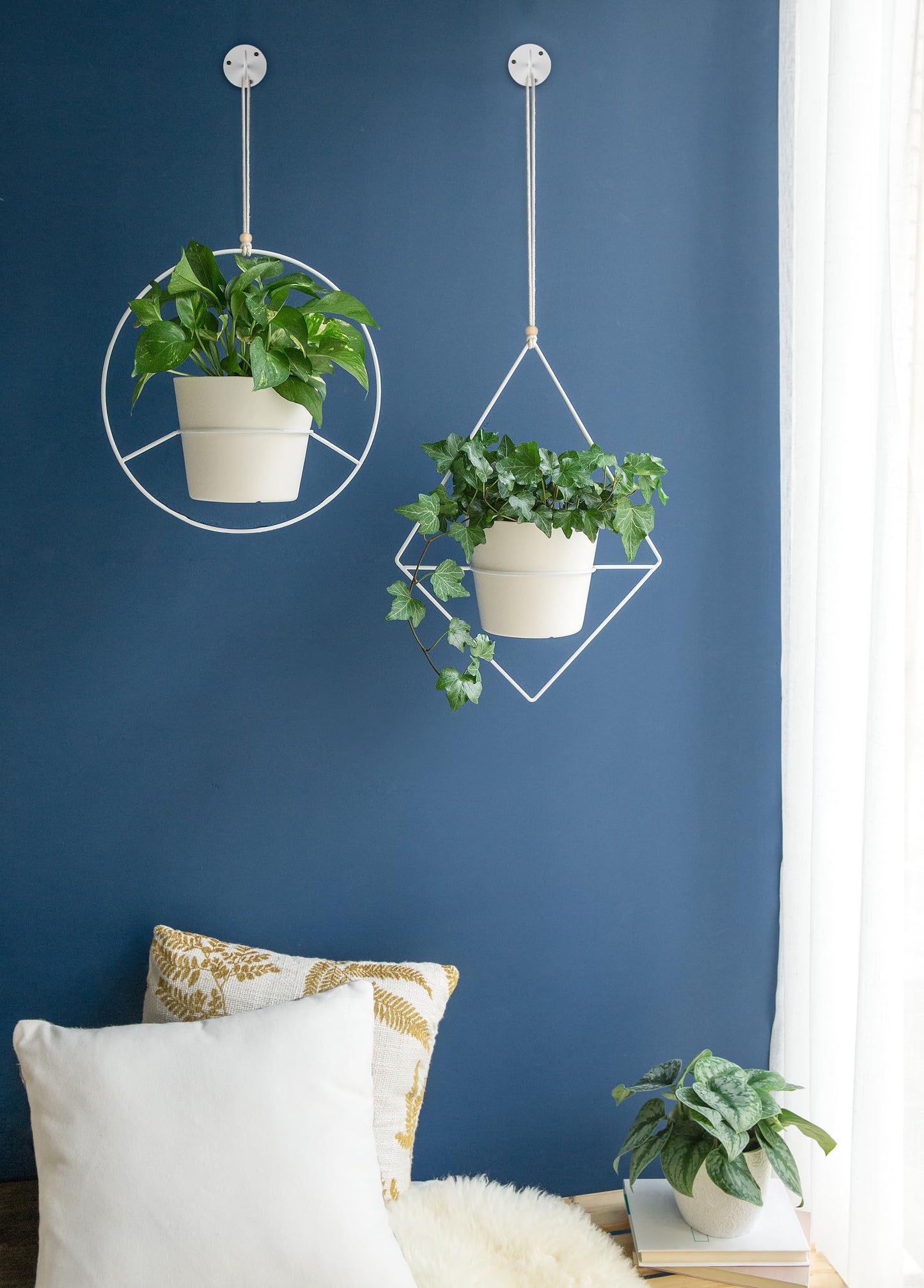 Mkono Ceramic Hanging Planter and Ceiling Hooks, Shallow 8 Inch and Deep 6 Inch for Indoor Outdoor Plants, Set of 2 Modern Plant Pot Geometric Porcelain Hanging Basket with Polyester Rope Hanger