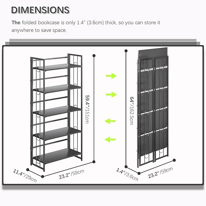 4NM No Assembly 5 Tiers Folding Bookshelf, 59.4" H Foldable Storage Shelves