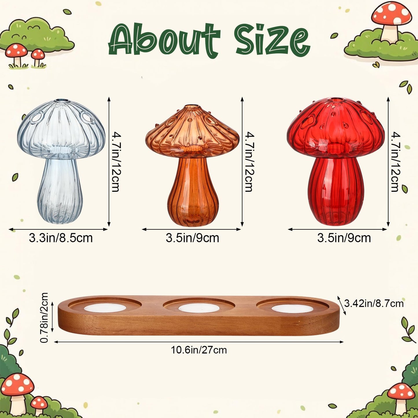 Yiyiring Set of 3 Glass Mushroom Vase Propagation Station with LED Light Wooden Stand, 4.7 x 3.5 Inches Glass Vases Hydroponic Planter for Indoor Plants, Gifts for Women, Room Decor