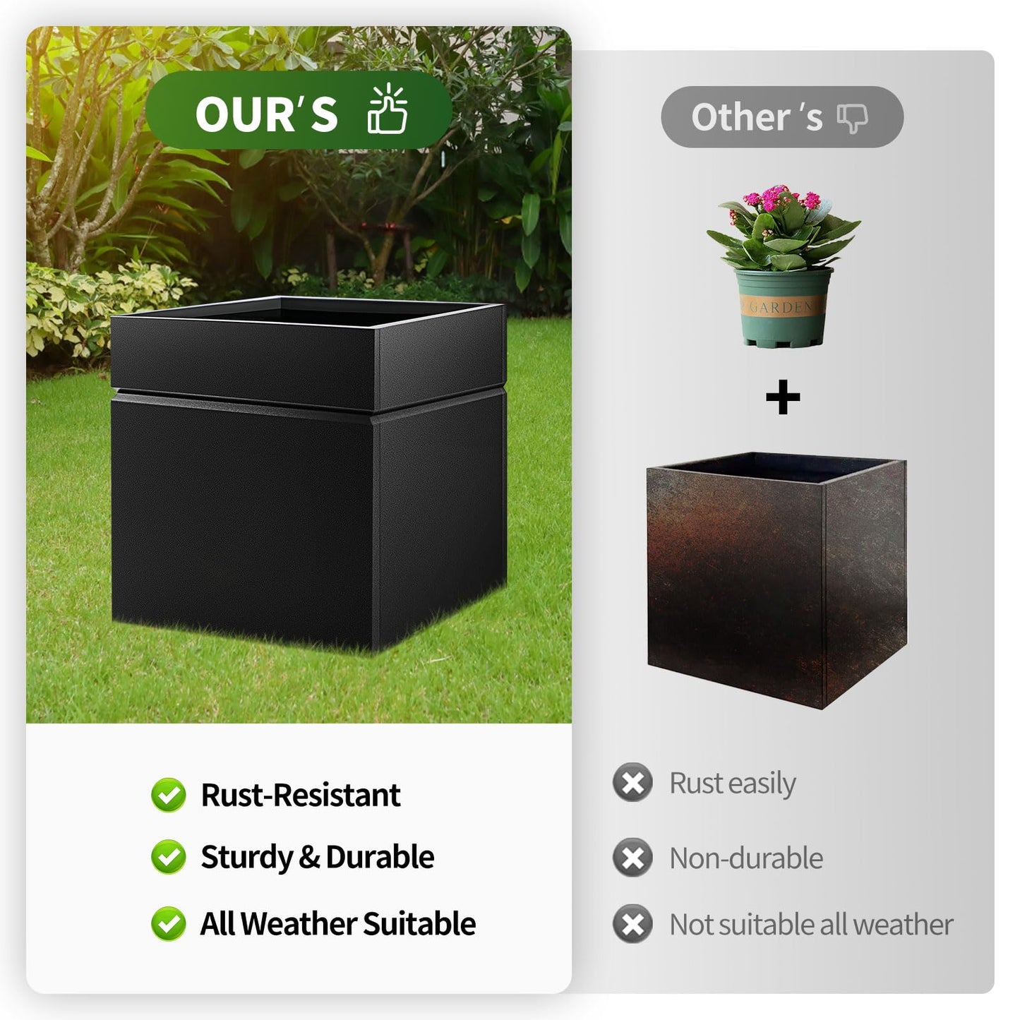 HONYTA Matel Planter Box 17" L x 17" W x 18" H, Cube Heavy Duty Powder Coating Steel Planters with Drainage Hole, Indoor Outdoor All-Weather Use for Home, Porch, Patio, Hotel(Black)