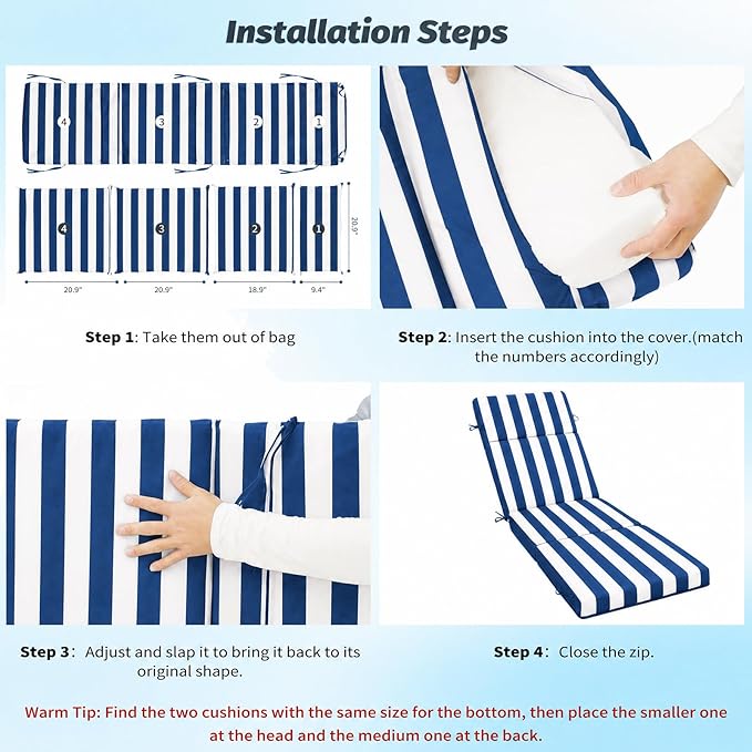 2 Pcs Outdoor Chaise Lounge Cushion 72" x 21" x 3", Folding Patio Lounge Chair