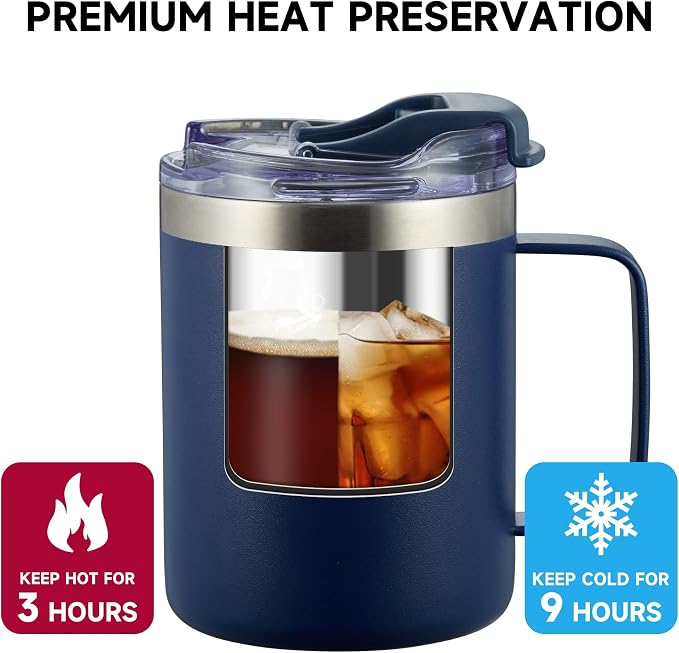 12oz Stainless Steel Insulated Coffee Mug with Handle, Double Wall Vacuum Tumbler Cup with Fliping Lid, Navy, 4 Pack