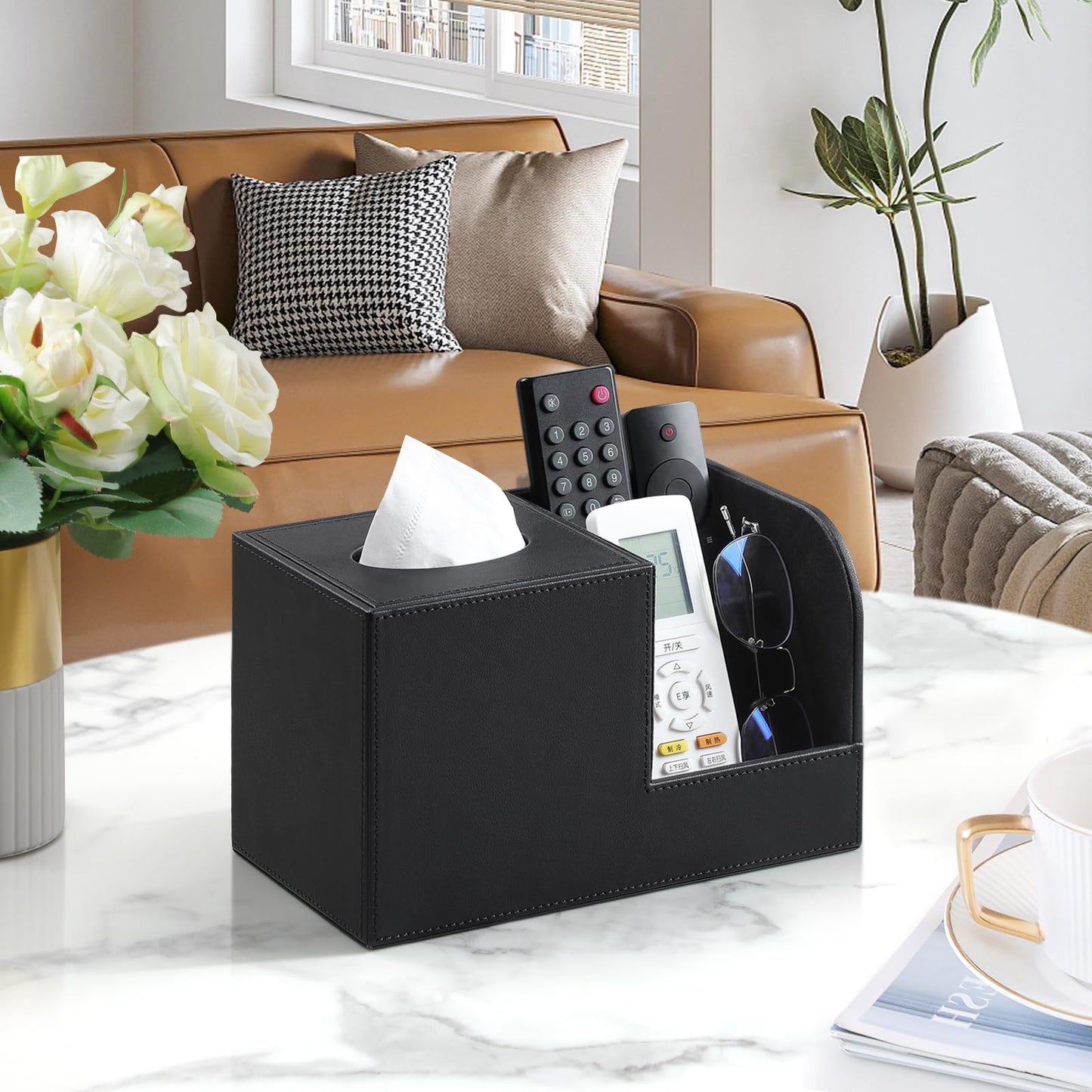 JLAMBOM PU Leather Tissue Box Cover with Remote Control Holder, Square Tissue Box Holder for Living Room Bathroom Office (Black)