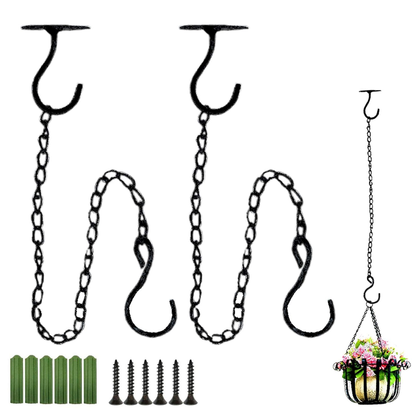 TIHOOD 2PCS Wall Mount Ceiling Hooks, Metal Plant Bracket Iron Wall Mount Lanterns Hangers for Hanging Bird Feeders, Lanterns, Wind Chimes, Planters, Outdoor Decoration Hooks (Black(with chain))