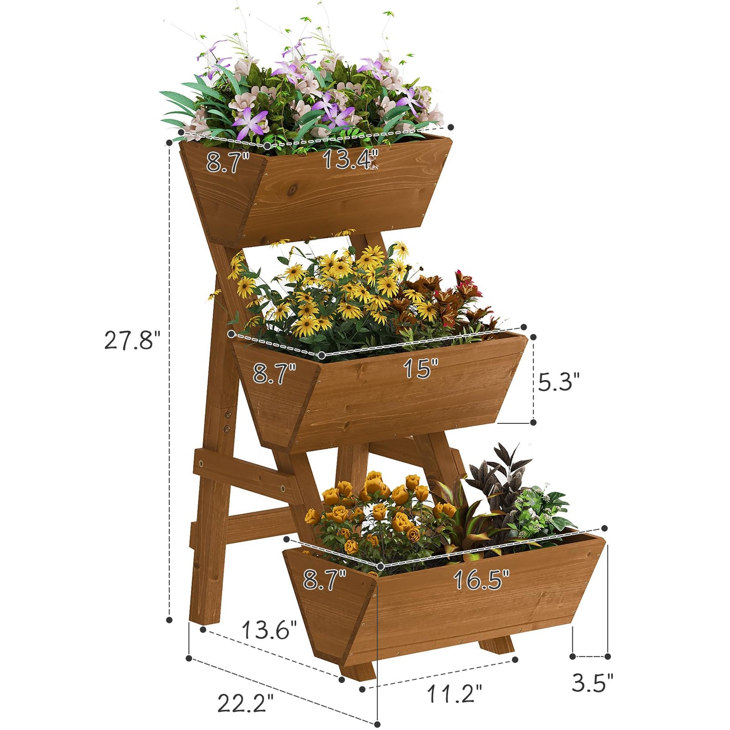 Kitsanery 3-Tiers Wooden Raised Garden Bed,Wood Planter Box for Vegetable,Flower Rack,Flower Pot Stands,Indoor Outdoor Gardening Planting Beds (Brown, Small)