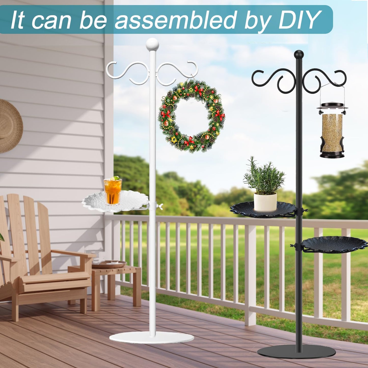 Upgraded 74" Shepherd's Hook for Bird Feeder，Floor Hanging Plant，Wind Chime Stand, Waterproof Metal & Adjustable-Height Standing Pole Holder for Lantern and Wreath, Indoor & Outdoor（2 Placement Racks)