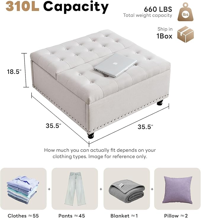 Tbfit Large Square Storage Ottoman Bench, Tufted Upholstered Coffee Table