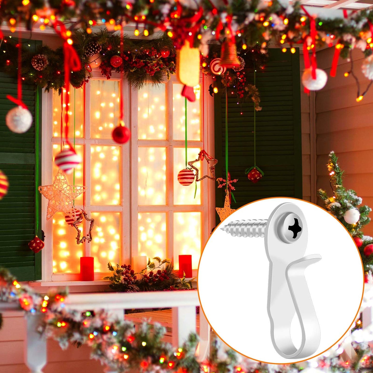 HiGift 36 Pack Light Hanger Hooks, White Stainless Steel Screw in Hook for Hanging Outdoor Lights, Rope Light Clips for Christmas and Holiday Decor, Wire and Fairy Led Lights