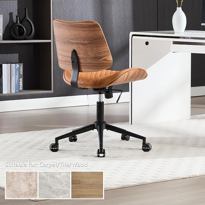 Home Office Chair No Arms with Wheels, Adjustable Height PU Leather Mid Back