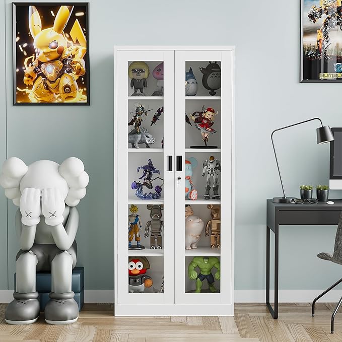Glass Display Cabinet With Doors, 4 Adjustable Shelves