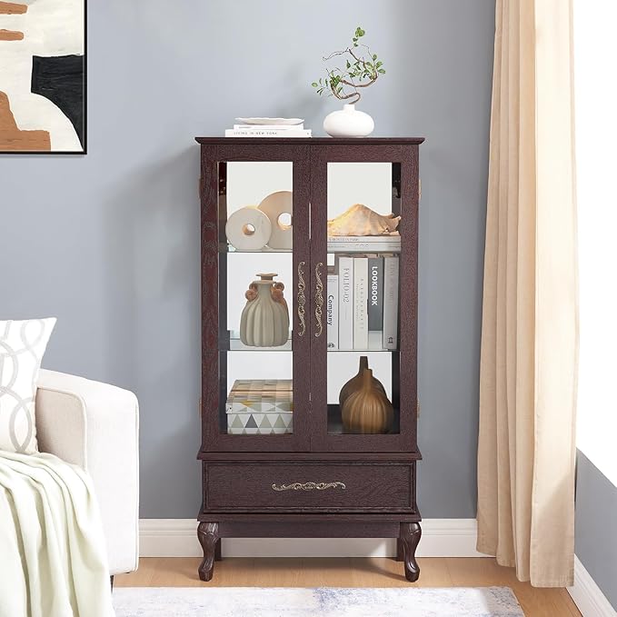 Curio Cabinet with Lighted, Tall Leg Glass Door Antique Cabinet with 1 Drawer