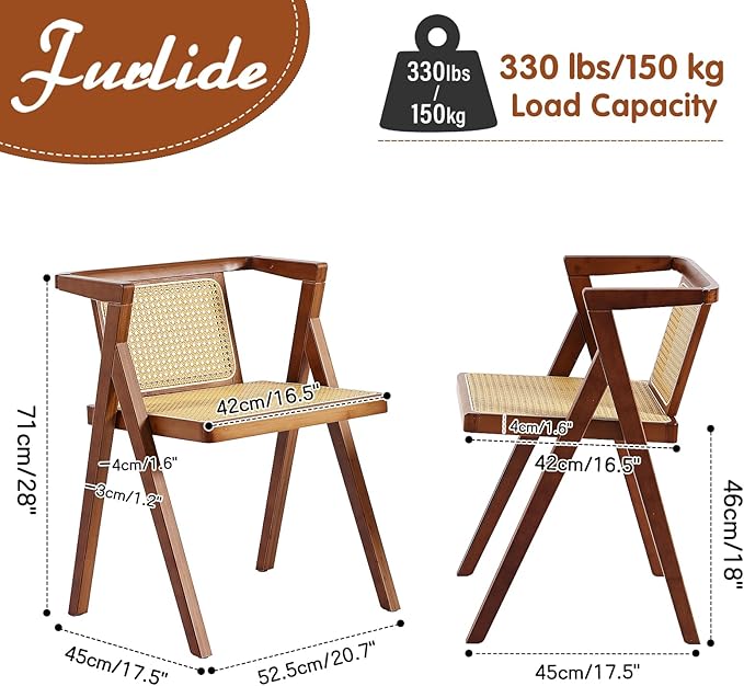 Furlide Rattan Dining Chairs Set of 2, Mid-Century Accent Armchair, Wicker Chair