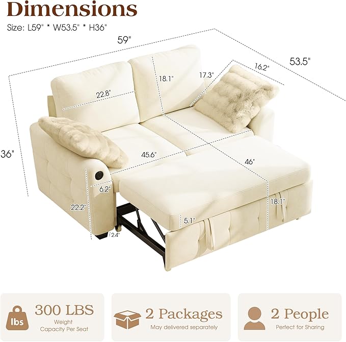 Ihanherry 59-inch Convertible Sofa Bed, Pull Out Sleeper