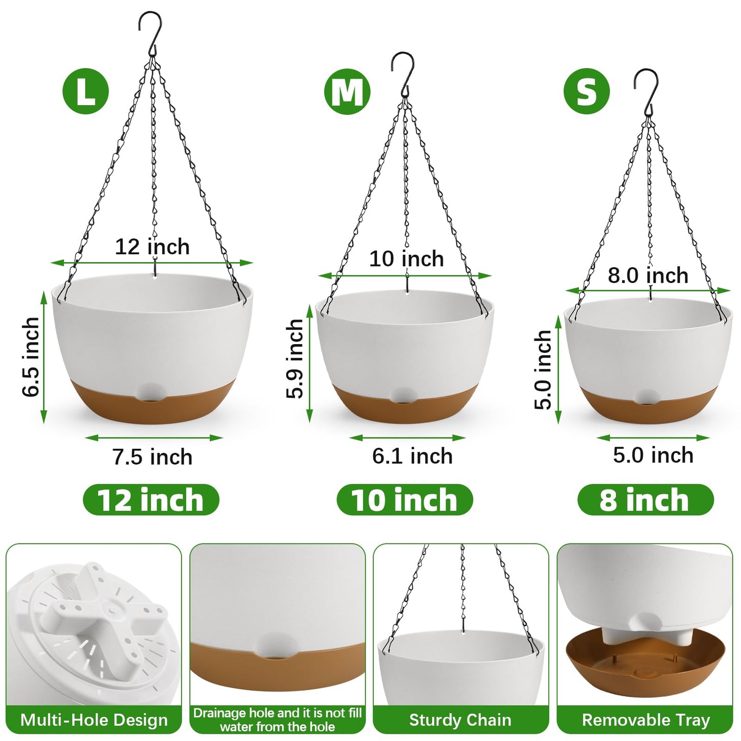 Dovesail 12/10/8 Inch Hanging Planter, Hanging Plastic Plant Self Watering Pot with Drainage Holes and Saucers, Hanging Baskets Flower Pots for Indoor Outdoor Garden Plants and Flowers,Set of 3-White