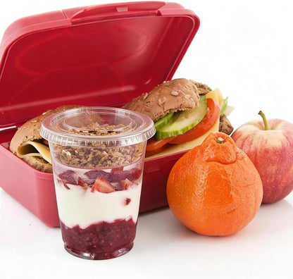 Zezzxu 50 Pack 12 oz Disposable Parfait Cups with Lids No Hole, Toppings Compartment and Spork, Yogurt Conatiner with Granola Holder for Take Away Breakfast and Snacks, No Leaking