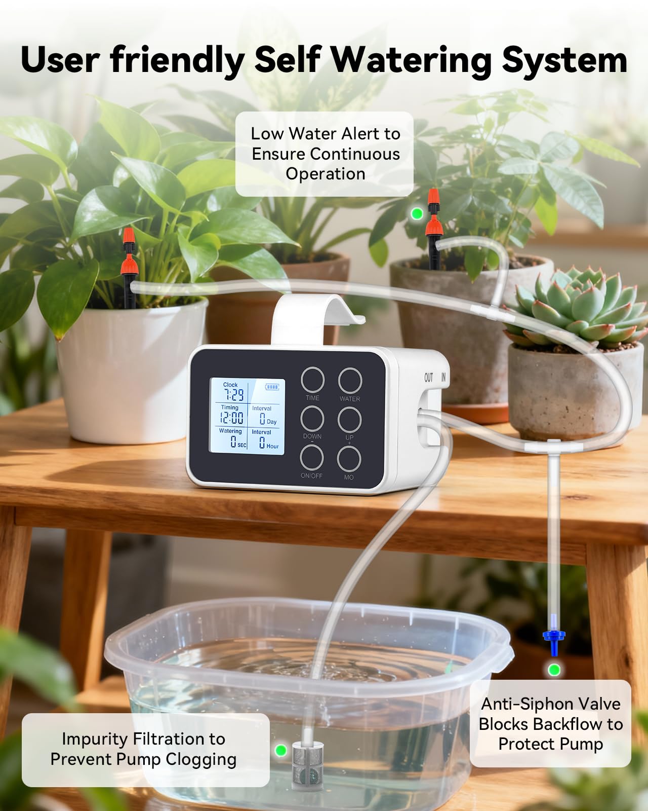 BAOSHISHAN 15 Potted Indoor Plant Watering System with 2-in-1 Spray & Drip Emitter, Battery Powered Automatic Plant Waterer Indoor Programmable Timer for Vacation Travel